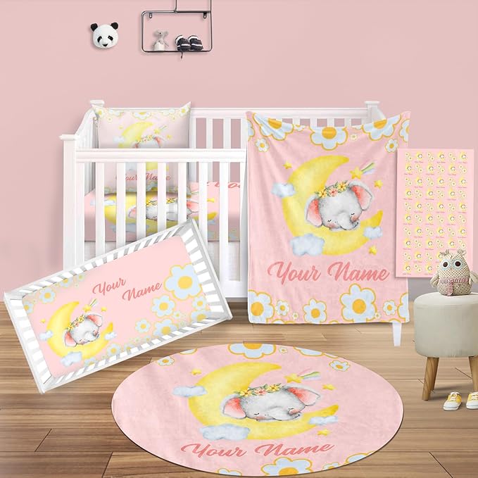 Custom Nursery Crib Bedding Set: Personalized Nursery Decor Baby Blanket Fitted Crib Sheet Changing Pad Cover Baby Room Rug Sleeping Elephant Moon Pattern Gift Idea(Fixed Size)