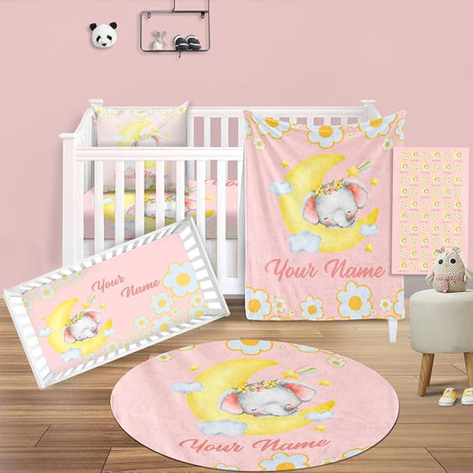 Custom Nursery Crib Bedding Set: Personalized Nursery Decor Baby Blanket Fitted Crib Sheet Changing Pad Cover Baby Room Rug Sleeping Elephant Moon Pattern Gift Idea(Fixed Size)