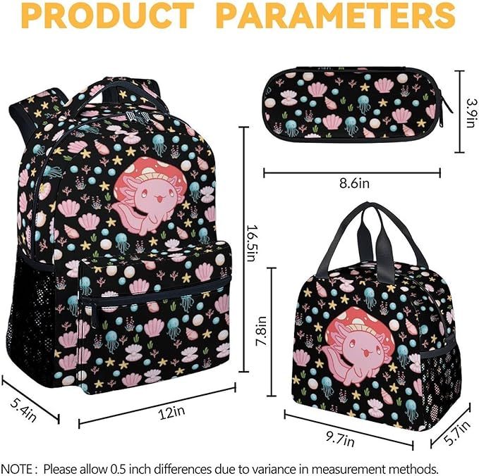Mercuryelf Axolotl Girls Backpack with Lunch Box Set, 3 in 1 School Travel Backpacks Matching Combo, Black Cute Bookbag and Pencil Case Bundle