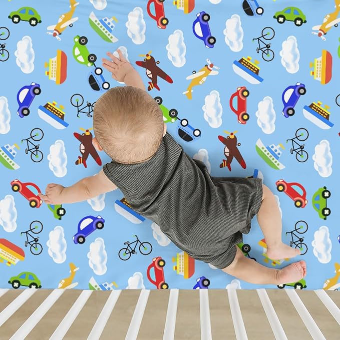 Planes Automobiles Transport Baby Crib Sheets for Boy Girl 28"x52" Airplanes Boats Bike Car Clouds Blue Soft Stretchy Fitted Crib Mattress Cover Travel Baby Sheet for Standard Crib & Toddler Mattress