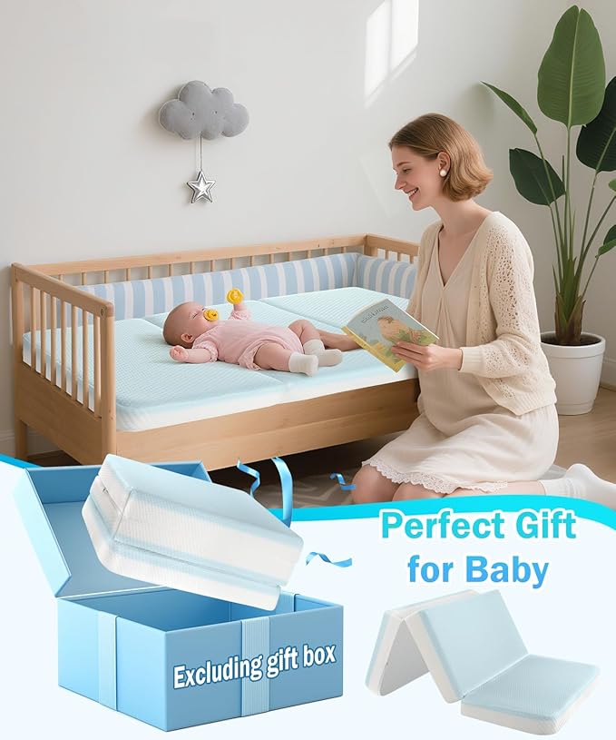 3'' Waterproof Crib Mattress,52x27.5 Inch Trifold Mattress for Toddler Bed,Portable Travel Memory Foam Nap Mat for Baby Infant Kids,Standard Full Size Sleep Mat with Removable Cover