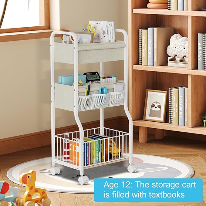 NEYCIL 3-tier Baby Diaper Caddy Organizer and Storage Cart with 4+3 Dividers, Metal Utility Cart with Lockable Wheels for Nursery, Bedroom, Bathroom, White