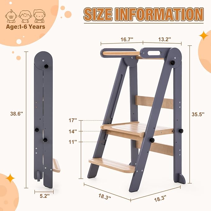 Gewitt Foldable Toddler Kitchen Stool Helper - Adjustable Height Folding Toddler Standing Tower, Kids Helper Stool with Safty Rail for Kitchen Counter Bathroom (Grey)
