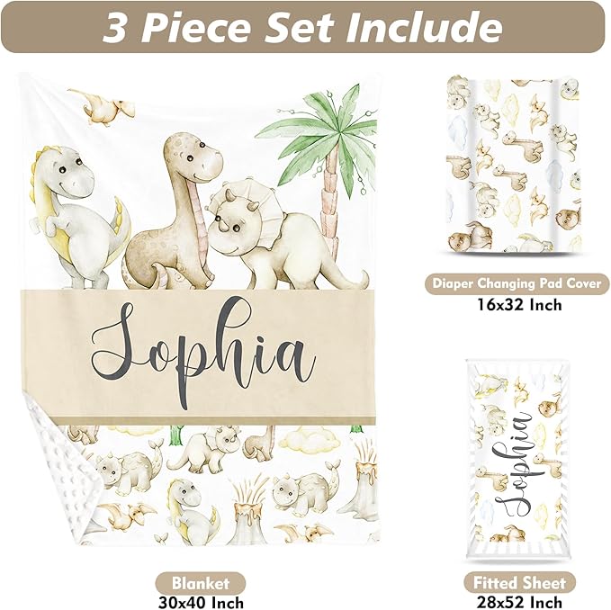Custom Name Crib Bedding Set 3-Piece – Cute Dinosaur Design Baby Bedding Set with Personalized Soft Blanket, Fitted Sheet, Changing Pad Cover – Ideal Newborn Gift for Boys and Girls