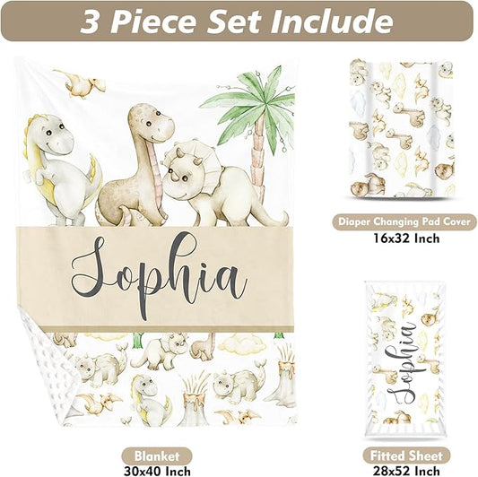 Custom Name Crib Bedding Set 3-Piece – Cute Dinosaur Design Baby Bedding Set with Personalized Soft Blanket, Fitted Sheet, Changing Pad Cover – Ideal Newborn Gift for Boys and Girls