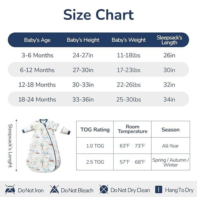 Baby Sleep Sack 18–24 Months, 2.5 TOG Warm Cotton Sleep Sack with Detachable Long Sleeves, Winter Wearable Blanket for Cold Nights, 2-Way Zipper Toddler Sleeping Sack, Dinosaur