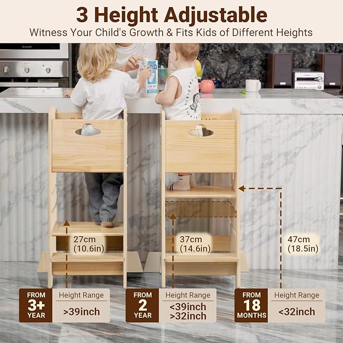 COSYLAND Toddler Standing Tower Adjustable Height - Super Stable Kids Kitchen Stool Helper with Protive Panel - 3 Levels Adjustable Wooden Toddler Kitchen Stool (All Natural)