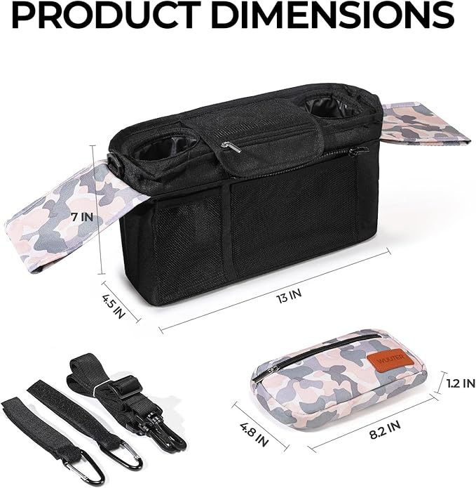 WUUTER Stroller Organizer with Cup Holder Detachable Wristlet Large Capacity Baby Stroller Bag for Mom, Fits Uppababy, Baby Jogger, Britax, BOB, More (Multicolor)