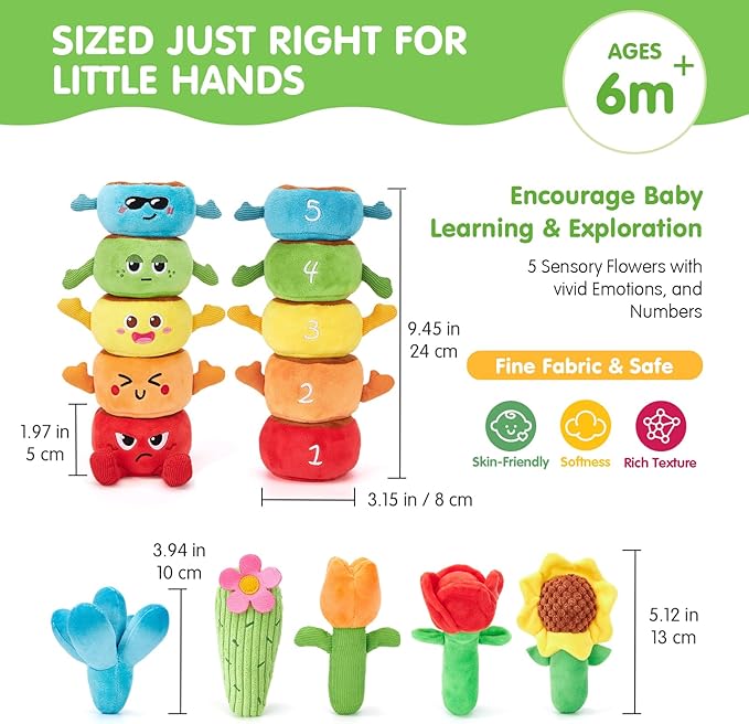 hahaland Montessori Toys for 1 Year Old Boy Girl - 10 in 1 Plush Garden Stacking Toys for Toddlers 1-3 with Color Matching & Planting Play - Fine Motor, Sensory & Emotional Development Toy