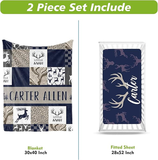 Personalized Crib Bedding Set for Boys Girls, Custom Baby Crib Sets with Name, Navy Deer Design Nursery Bedding 2 Piece - Soft Blanket with Double Layer Dotted Backing, Crib Fitted Sheet