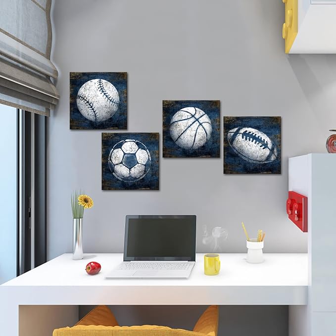 KLVOS Navy Blue Sports Wall Art Décor Basketball Baseball Soccer Football Canvas Art Prints Sport Balls Picture for Man Cave Kids Teenagers Boy Room Decor 12x12inchx4 Piece
