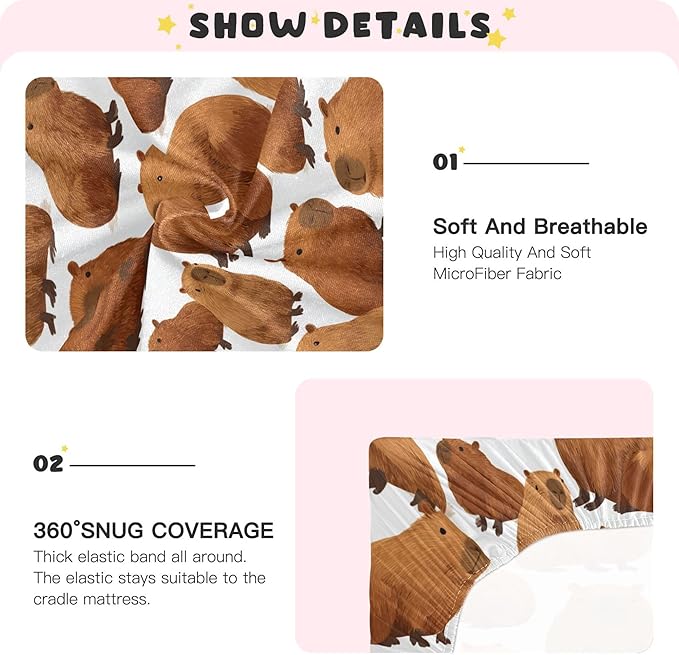 Cute Capybara Crib Sheets Soft Breathable Fitted Baby Crib Sheets Mattress Cover for Girls Boys, 52" x 28" x 9"