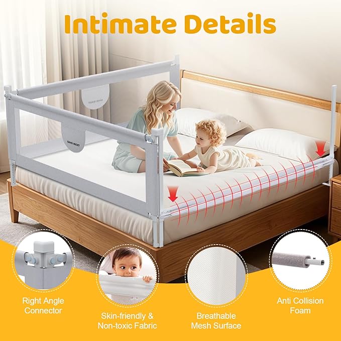 omzer Bed Rail for Toddlers - 3 Sides Safety Baby Bed Rail Guard with Child Lock, Infants Height Adjustment King Size Bed Guard Rail for Toddlers,78.74"X78.74"X74.8"