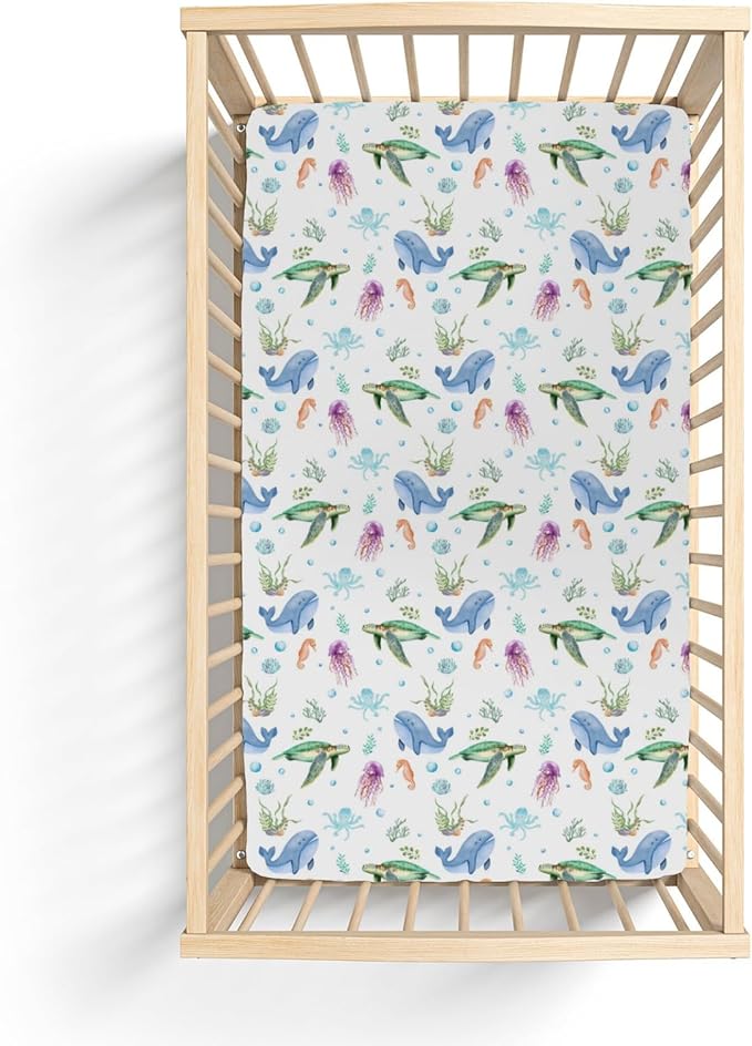 Pastel Sea Animals Baby Crib Sheets for Boy Girl 52x28In Sea Horse Turtle Whale Jellyfish Corals Soft Snug Fitted Crib Mattress Cover Ocean Marine Baby Sheet for Standard Crib & Toddler Bed Mattress