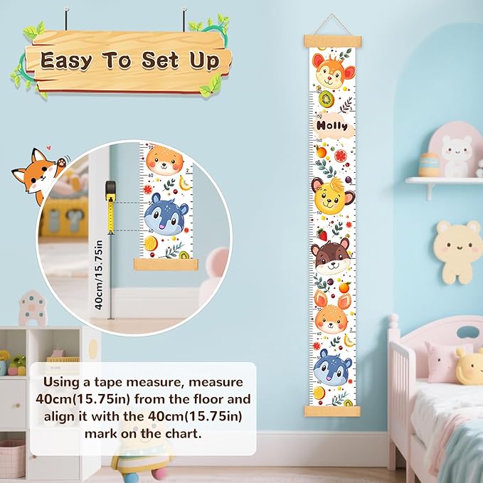 Personalized Wooden Painted Trees and Animals Hanging Canvas Height Ruler, Height Growth Chart for Baby, Kids Measuring Chart for Wall, Kids Room Wall Decor, Removable & Waterproof Growth Chart