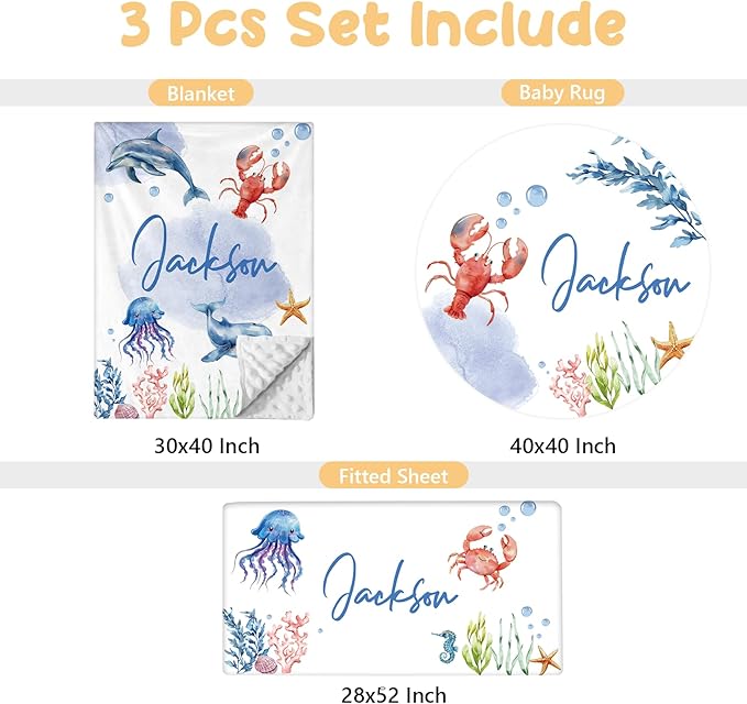 Personalized Baby Bedding Set, 3 Pcs Custom Name Crib Bedding Set for Nursery, Cute Baby Crib Set with Double Layer Blanket for Boys Girls, Customized Gifts for Toddlers Infants, Sea Animals