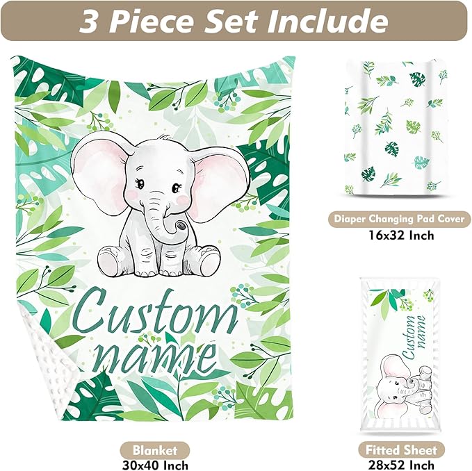 Custom Name Crib Bedding Set 3-Piece – Green Elephant Design Baby Bedding Set with Personalized Soft Blanket, Fitted Sheet, Changing Pad Cover – Ideal Newborn Gift for Boys and Girls
