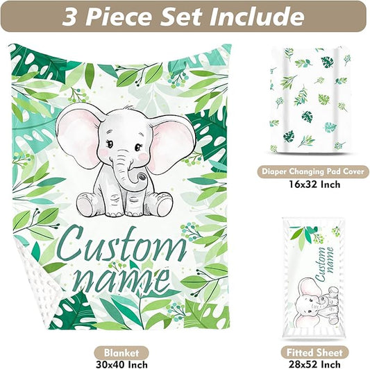 Custom Name Crib Bedding Set 3-Piece – Green Elephant Design Baby Bedding Set with Personalized Soft Blanket, Fitted Sheet, Changing Pad Cover – Ideal Newborn Gift for Boys and Girls