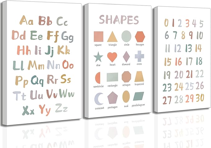 3Pcs Kids Playroom Wall Art Decor Toddler Room Decor ABC Nursery Artwall Shapes Canvas Wall Art 123 Poster Print Decoration for Classroom Toddler Kids Nursery Bedroom