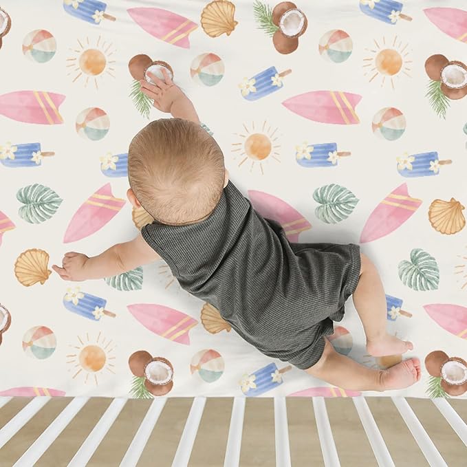 Neutral Summer Beach Baby Crib Sheets for Boy Girl 52x28Inch Surfboard Coconut Seashells Sun Balls Soft Snug Fitted Crib Mattress Cover Seaside Holiday Baby Sheet for Crib and Toddler Bed Mattress