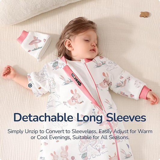 Baby Sleep Sack 6–12 Months, Cotton Sleep Sack with Detachable Long Sleeves, 1.0 TOG Wearable Blanket for Cooler Nights, 2-Way Zipper Toddler Sleeping Sack with Temperature Strip, Bunny