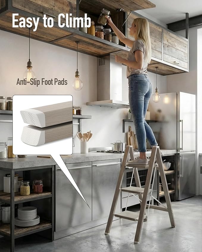 Mayi Plus 3 Step Ladder,Aluminum Folding Step Stool for Adults,Step Ladder with Wide Anti-Slip Pedal,330 lbs Capacity for Home,Kitchen,Library,Office(Fir Woodgrain)