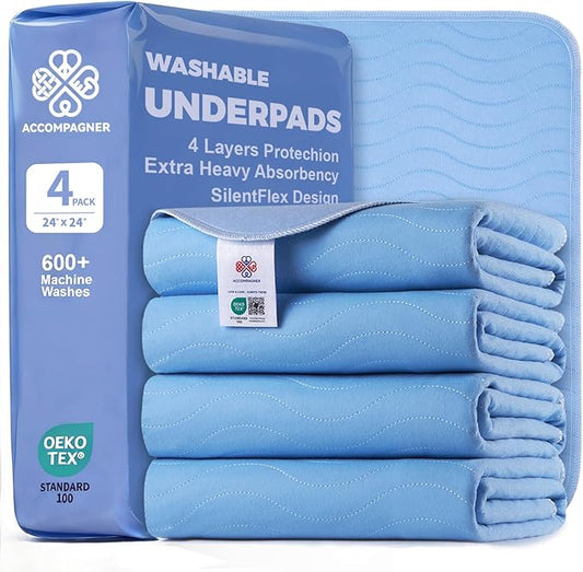 Accompagner Waterproof Reusable for Adults and Pets Washable Pee Pads for Dogs Changing Pad Large Dog Bed Size Adults Incontinence Bed Pads - Non-Slip Leak-Proof (Blue, 4Pack-24" x24")