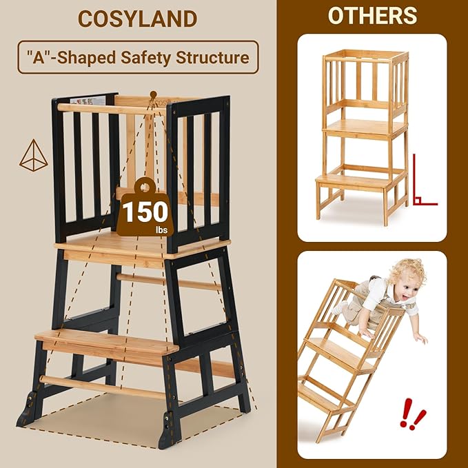 COSYLAND Kids Kitchen Step Stool Helper - Wooden Standing Tower for Kids with Anti-Tip Support Legs (Black & Natural)
