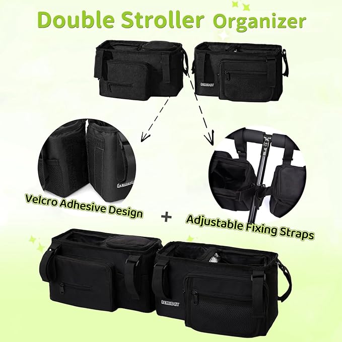 AEMIDAY Double Stroller Organizer Compatible with BOB Duallie and Baby Jogger City Mini GT2 Double Stroller, Double Baby Stroller Accessories with 2 Cooler Pockets , Black(Empty Bag)