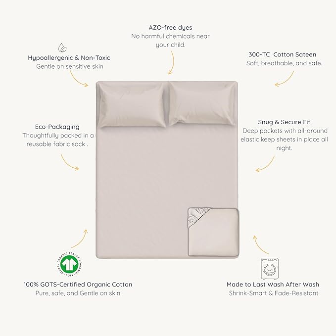 MakeMake Organics Organic Full Fitted Sheet Set GOTS Certified Organic Cotton Fitted Sheet with 2 Pillowcase Ultra Soft Non Toxic Breathable Hypoallergenic Colorful Neutral (Full, Solid Taupe)