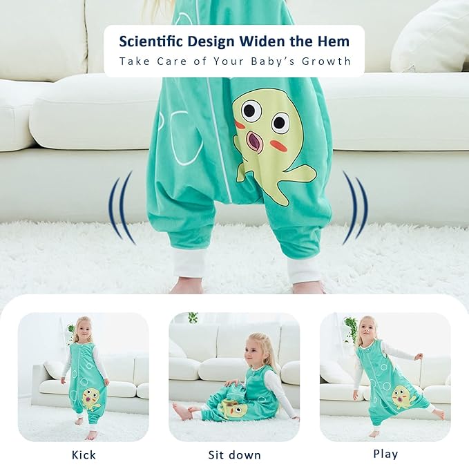 MICHLEY Toddler Sleeping Sack with Feet Newborn Infant Sleeveless Sleeping Bag 2-way Zipper Baby Wearable Blanket for Walkers,Green Octopus,1-3T