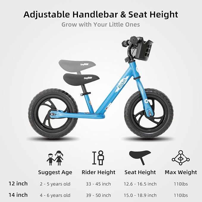 JOYSTAR 12/14 Inch Kids Balance Bike for 18months-5 Years Old Boys Girls, Lightweight Toddler Balance Bikes with Footrest and Handlebar Basket or Doll Seat