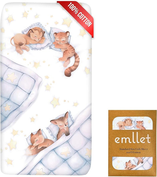 100% Cotton Fitted Crib Sheet, Woodland Dreams Sleeping Animal Pattern, Fox Fawn Lion Tiger, Standard 52 x 28 in Crib Mattress Fit
