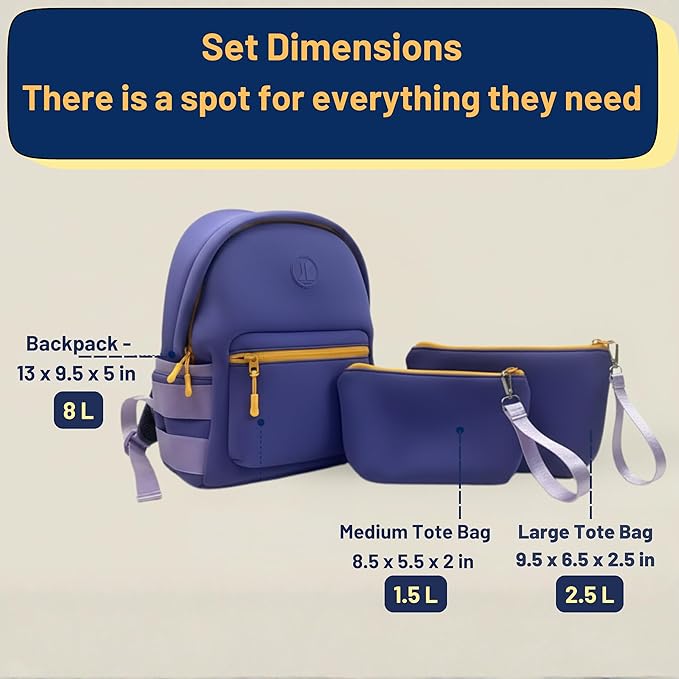 Kaywee 3pc Neoprene Kids Travel Backpack SET| 2 zipper pouches | Preschool backpack with AirTag holder for kids |Purple Toddler Girl Backpack toddler backpack for girls daycare essentials