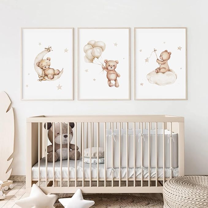 Baccone Bear Nursery Wall Art Decor Set of 3 Teddy Bear Canvas Wall Art Baby Boy Nursery Decor Prints Neutral Pictures Moon Star Cloud Print for Girls Children Room 12x16 Inch Unframed