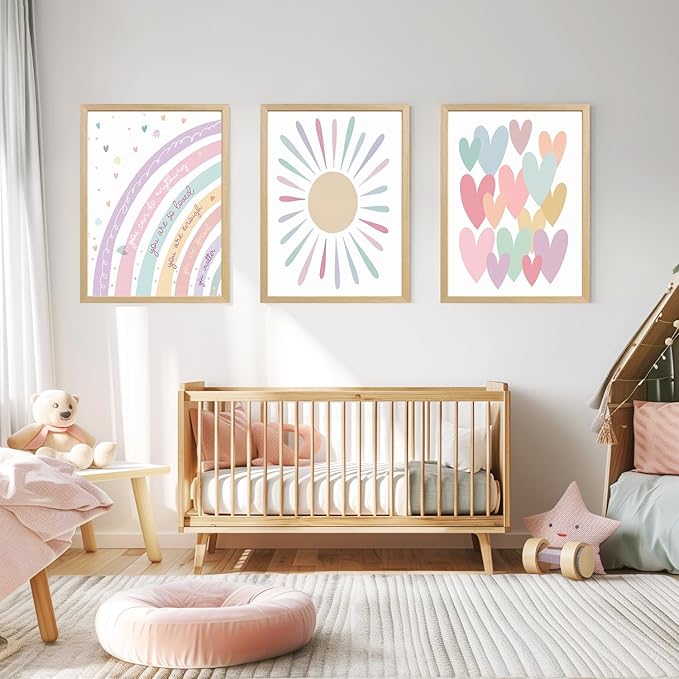 LLEEMPI Pink Heart Sun Rainbow Wall Art Set of 3, Baby Room Wall Decor, Boho Rainbow Nursery Canvas Painting, Classic Minimalist Poster Prints for Bedroom Bathroom Classroom Wood Framed 12x16 Inch