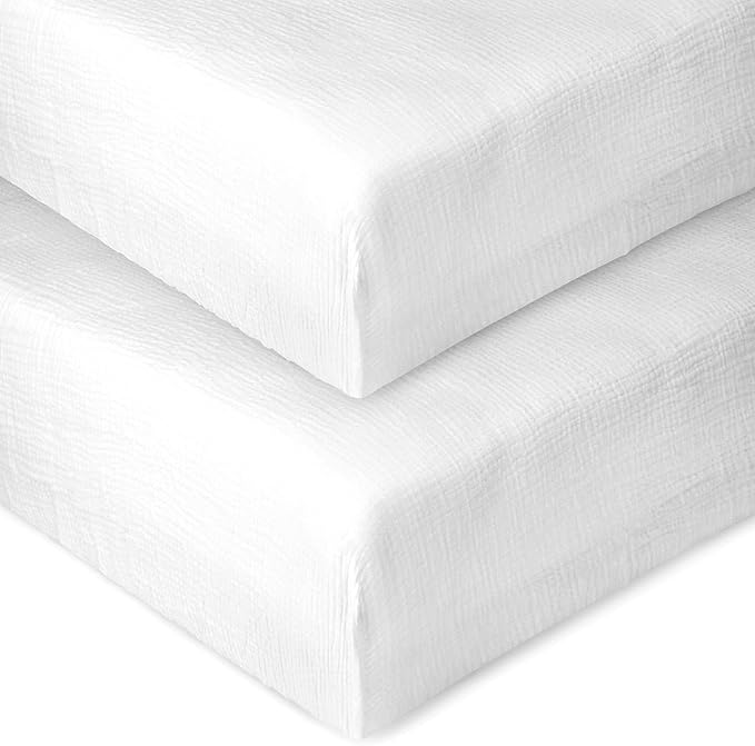 2 Pack White Muslin Mini Crib Sheets for Girl and Boy- Neutral Breathable Mini Crib Mattress Sheets Fitted for 24"x 38" -Nursery Décor Soft No Slip Crib Bed Sheets