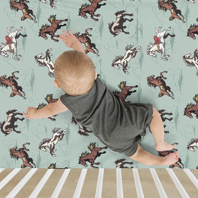 Vintage Wild Horses Baby Crib Sheets for Boy Girl 28"x52" Running Horse Soft Stretchy Fitted Crib Mattress Covers Wild Western Cowboy Animal Nursery Baby Sheet for Crib & Toddler Bed Mattress Green