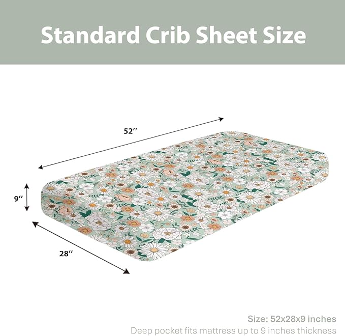 Spring Boho Floral Baby Crib Sheets for Boy Girl 28"x52" Neutral Green Flowers Leaves Soft Stretchy Fitted Crib Mattress Cover Pastel Peony Daisy Nursery Baby Sheet for Crib & Toddler Bed Mattresses