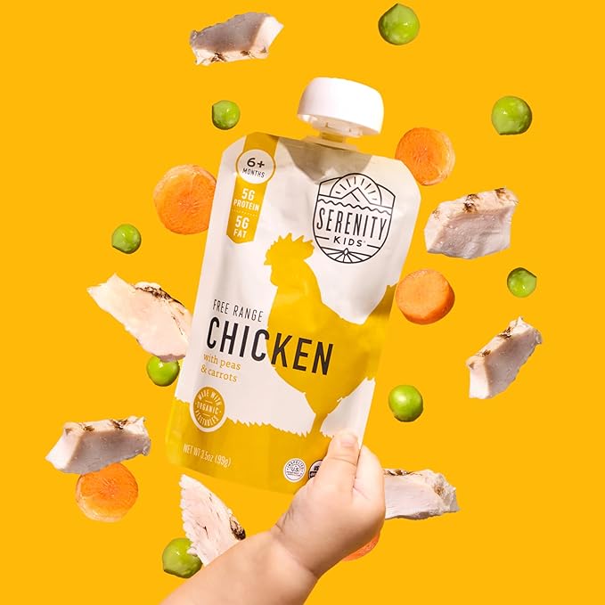 Serenity Kids 6+ Months Baby Food Pouches Puree Made With Ethically Sourced Meats & Organic Veggies | 3.5 Ounce BPA-Free Pouch | Free Range Chicken, Pea, Carrot | 1 Count