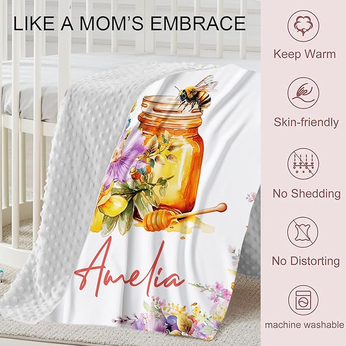 Personalized Baby Crib Bedding Set, Custom Name Colorful Bee Baby Bedding 2-Pcs Set - Soft Double Layer Dotted Blanket and Fitted Sheet, Nursery Bedding for Newborn Boys Girls, Perfect Shower Gift
