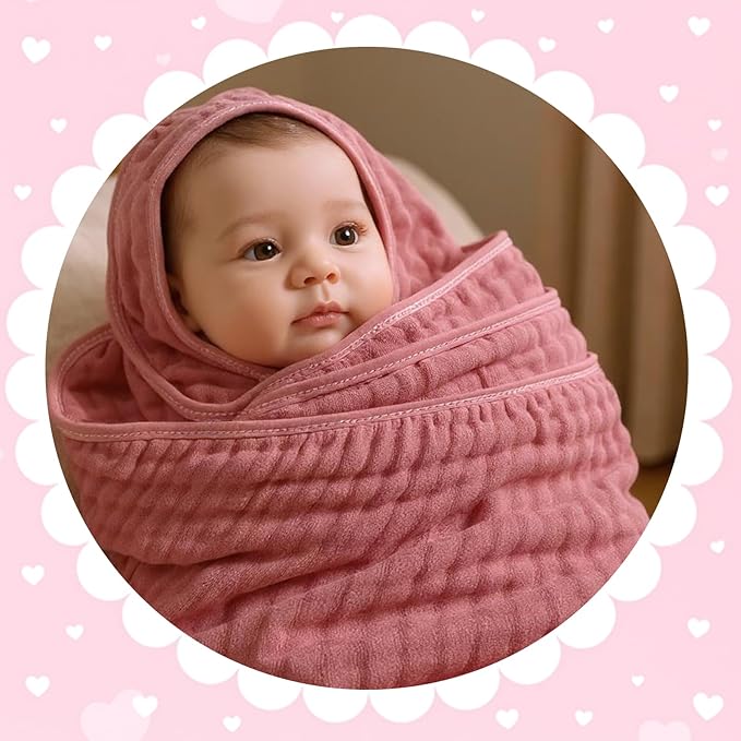 Peryiter 6 Pcs Muslin Hooded Baby Towels, 32x 32'' Cotton Newborn Bath Towel Muslin Infant Baby Blankets Absorbent Unisex Christmas Registry Gift Essentials for Girls Boys (Brown Series)
