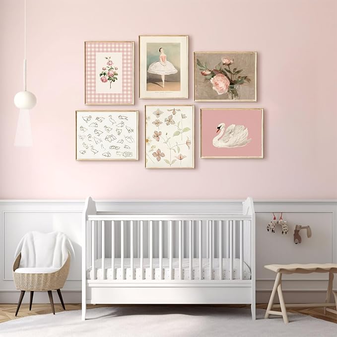 Nursery Pink Wall Art Decor Baby Girl Room Prints Vintage Nursery Floral Canvas Wall Decor Preppy Room Pictures Pink Swan Flower Paintings Artwork for Girls Bedroom 8x10 Inch Unframed Set of 6
