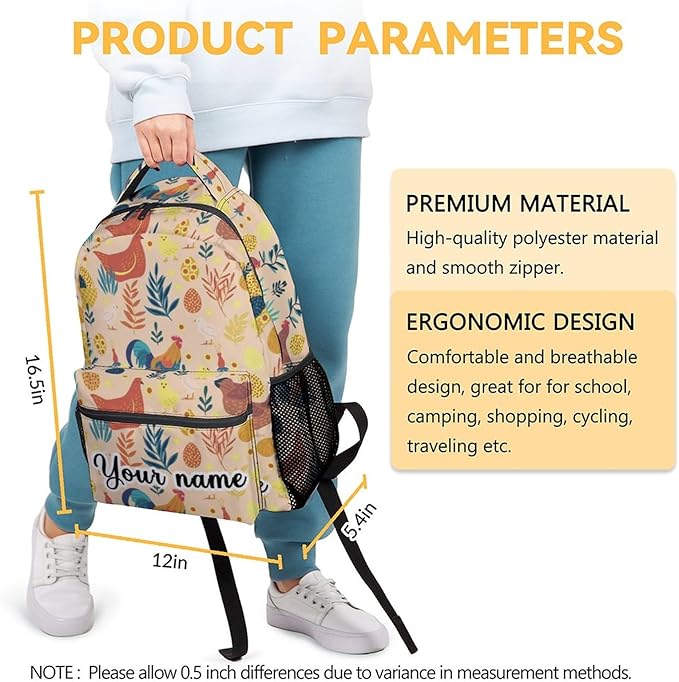 COOPASIA Personalized Chicken Backpack, 16 Inch Animal Theme Bookbag with Adjustable Straps, Durable, Lightweight, Large Capacity, School Backpack for Kids Girls Boys