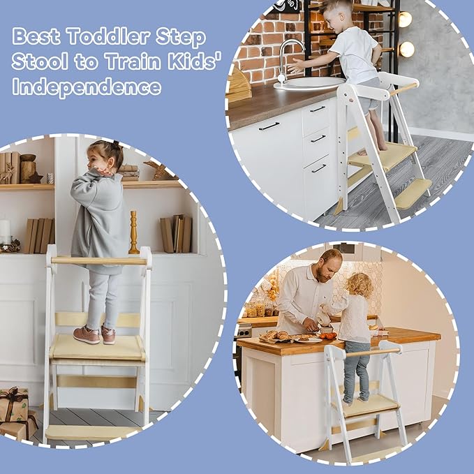 Foldable Toddler Step Stool for Kitchen - Adjustable Wooden Kitchen Helper with Safety Rail & Anti-Tip Feet, Montessori Counter Standing Tower for Kids 2-6 Years (White)