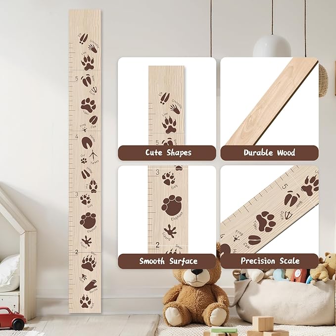 Woodemon Personalized Growth Chart for Wall, Animal Footprints Height Chart for Kids, Customize Growth Measuring Board for Girls Boys Teen Room Nursery Wall Decor
