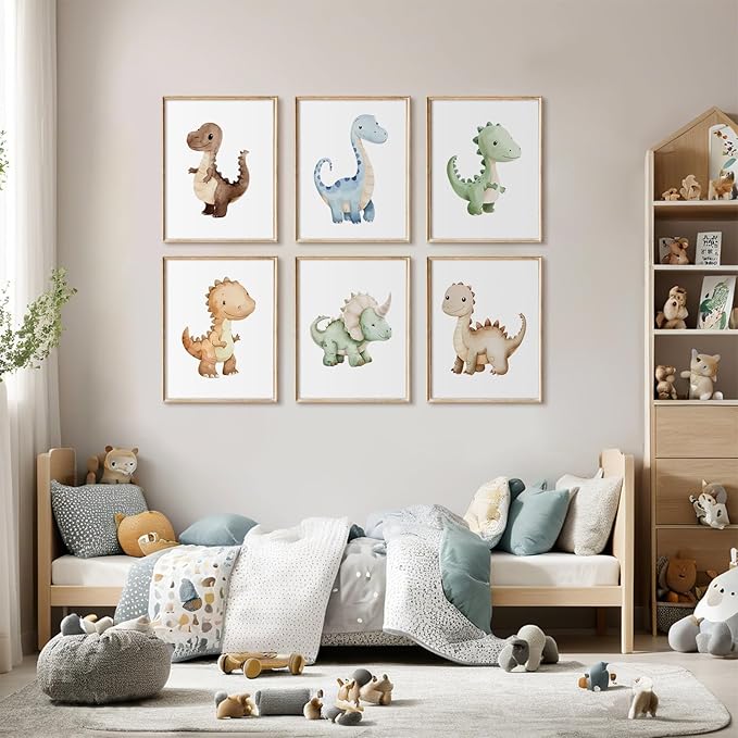 Dinosaur Nursery Wall Art Kids Canvas Poster baby Boy Nursery Wall Decor Watercolor Dino Prints Toddler Pictures cute Dinosaur Themed Artwork painting for Boys Room Bedroom 8x10 Inch Unframed set of 6