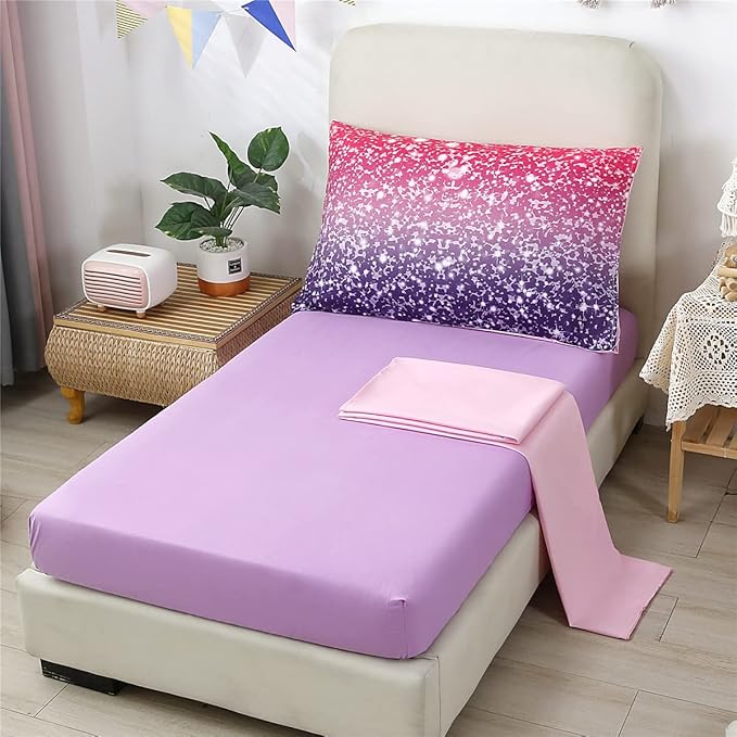 URBONUR 4-Piece Toddler Bedding Set for Girls Pink Purple Princess Toddler Bed in a Bag - 2-6 Year Old - Includes Comforter, Flat Sheet, Fitted Sheet & Pillowcase