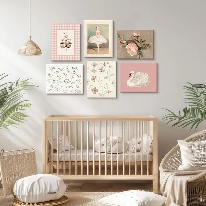 Nursery Pink Wall Art Decor Baby Girl Room Prints Vintage Nursery Floral Canvas Wall Decor Preppy Room Pictures Pink Swan Flower Paintings Artwork for Girls Bedroom 8x10 Inch Wrapped Canvas Set of 6