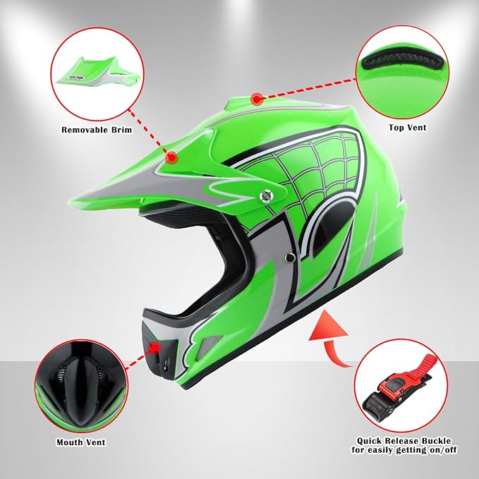 WOW Youth Kids Motocross BMX MX ATV Dirt Bike Dianosour Helmet Dragon + Goggles + Martian Youth Glove Bundle: HJOY MG Bundle